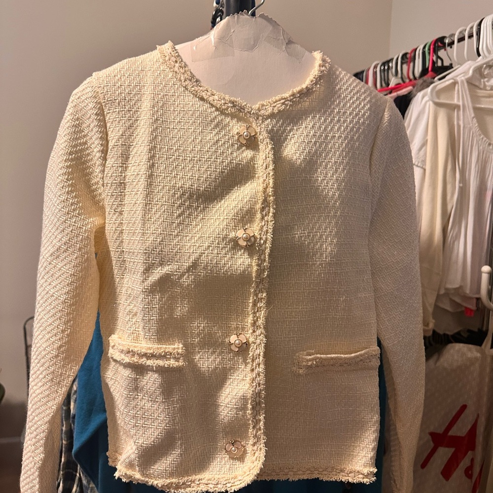 Women's Cream Textured Tweed Jacket